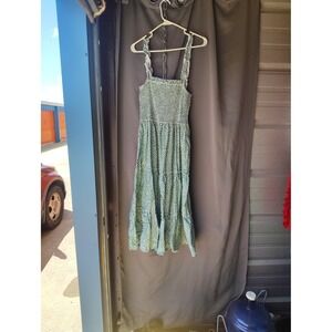 Green Floral Smocked Midi Dress Ruffle Strap Tiered Cottagecore Sun Dress Large